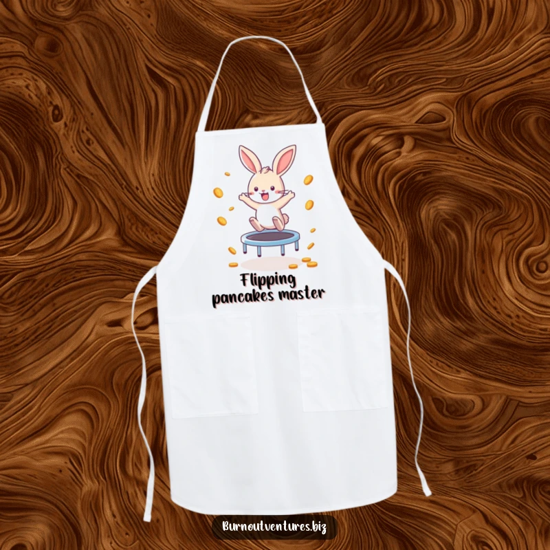 Funny Bunny Apron: A playful bunny enthusiastically bounces on a tiny trampoline, scattering coins, bringing humorous earning vibes to the kitchen.