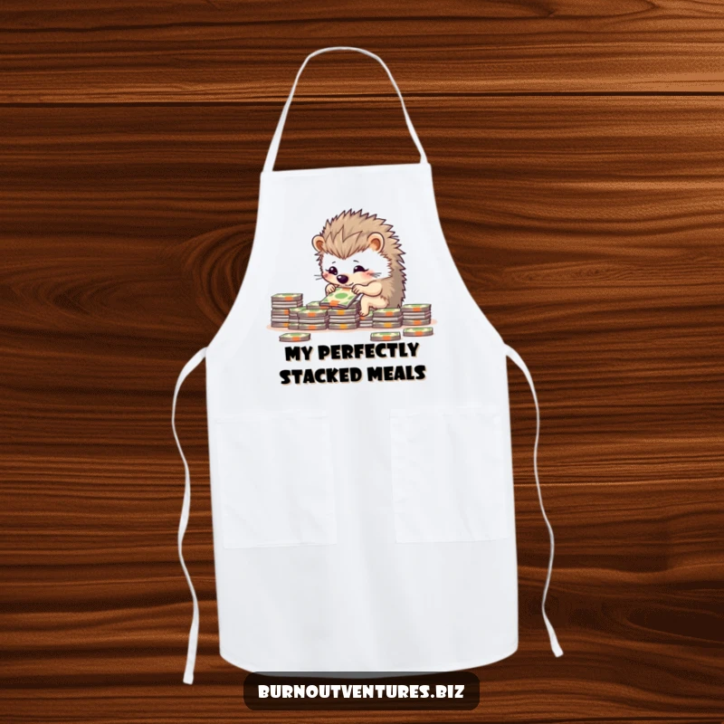Funny determined hedgehog carefully arranging miniature bills on a kitchen apron, perfect for organized cooking.