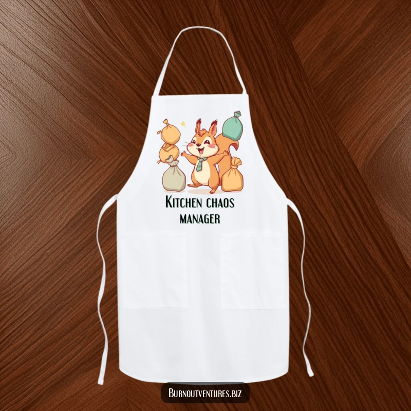 Funny squirrel in a tie, juggling kitchen items and bags, on a durable apron, promoting a fun and funny gift.