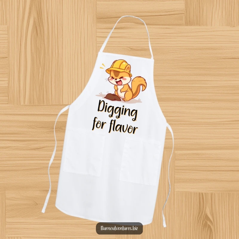 Funny squirrel apron with a hard hat, digging with focus, kitchen humor for builders.