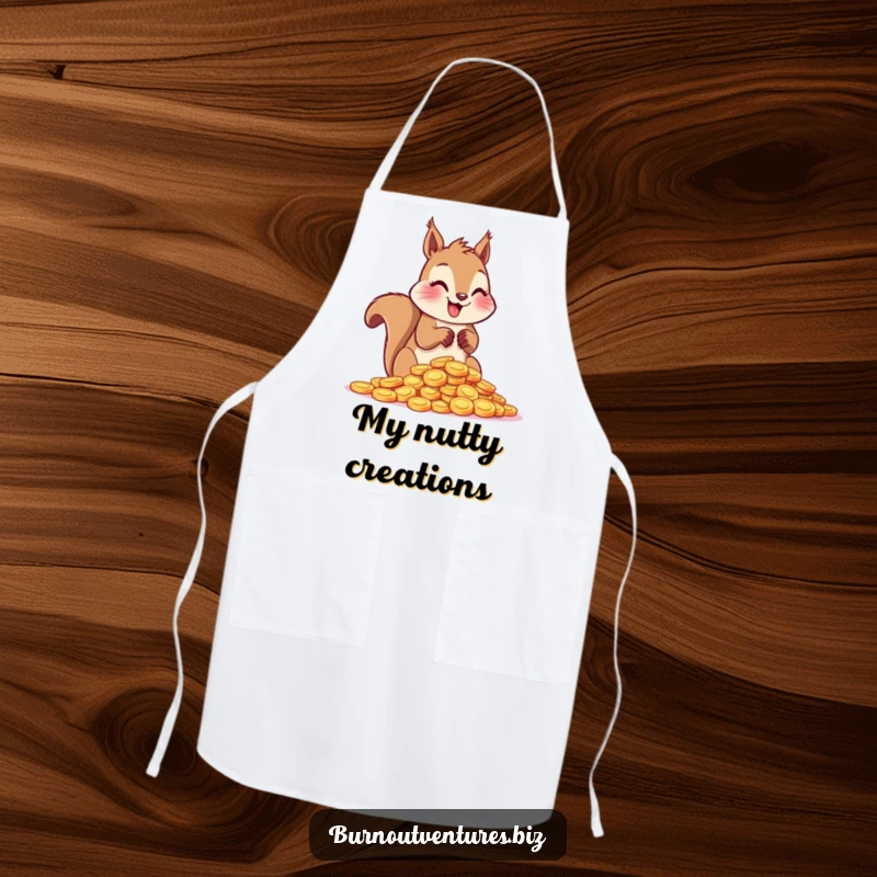 Funny squirrel enthusiastically counting shiny tokens with its paws on a kitchen apron, perfect for collector chefs.
