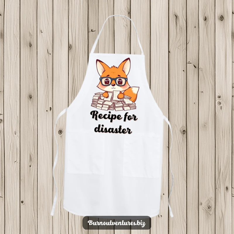 Funny fox wearing glasses surrounded by receipts, on a durable apron, promoting a functional and funny gift.