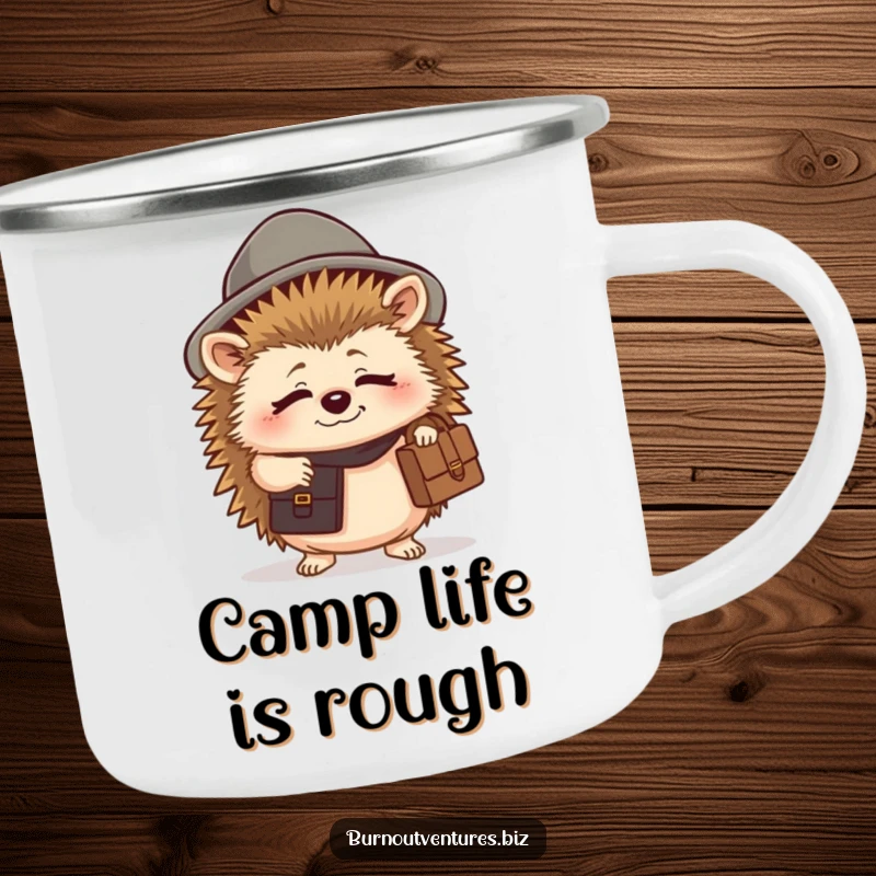 Funny hedgehog camping mug showing a tired creature in a tiny hat with a briefcase, great for outdoor gifts.