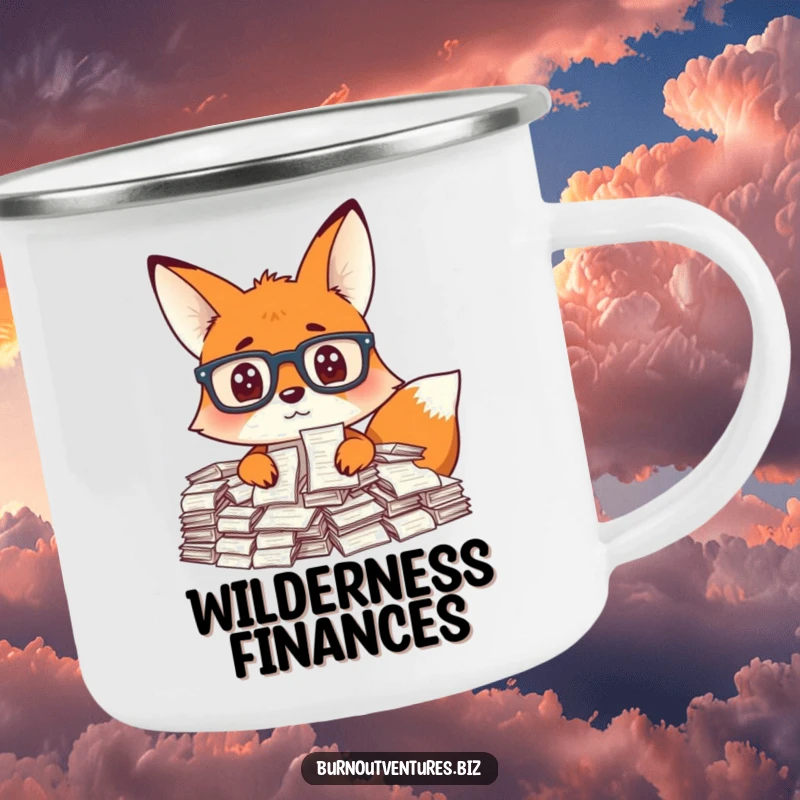 Funny fox wearing glasses buried in receipts, on a rustic camping mug, perfect for outdoor humor and a funny gift.