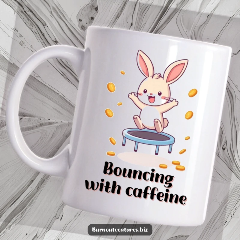 Funny Bunny Mug: A playful bunny enthusiastically bounces on a tiny trampoline, scattering coins with energetic joy and a love for earning.