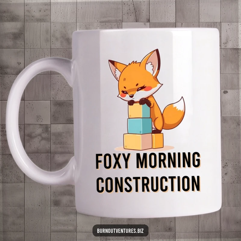 Funny mug featuring a determined fox precariously balancing a small stack of colorful building blocks, a comical feat of engineering.