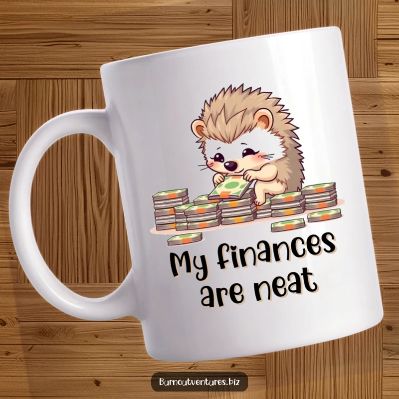 Funny determined hedgehog carefully arranging miniature bills into neat stacks on a coffee mug, representing meticulous financial management.