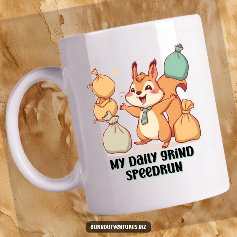 Funny squirrel in a tie frantically juggling overflowing shopping bags, symbolizing busy life, perfect for a funny gift mug.