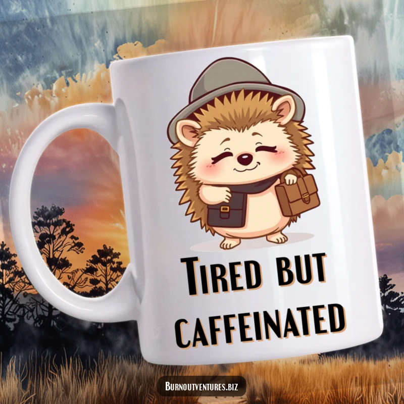 Funny hedgehog mug with a tiny hat and briefcase, looking tired but determined, a perfect funny gift.
