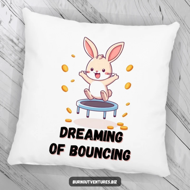 Funny Bunny Pillow: A playful bunny enthusiastically bounces on a tiny trampoline, scattering coins, bringing cozy humor and energetic vibes to any room.