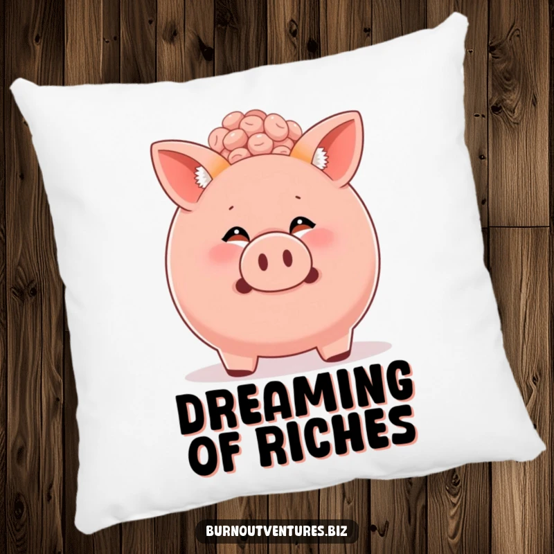 Funny fox cub peeking from a generous piggy bank, featured on a soft pillow, ideal for home decor and humor.