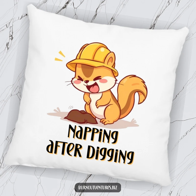 Funny squirrel pillow with a hard hat and pickaxe, a cute and humorous desk or couch companion.