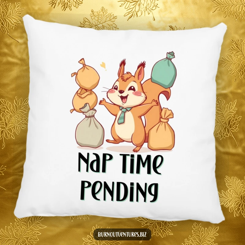 Funny squirrel wearing a tie, juggling overflowing bags, depicted on a soft decorative pillow, excellent funny gift.