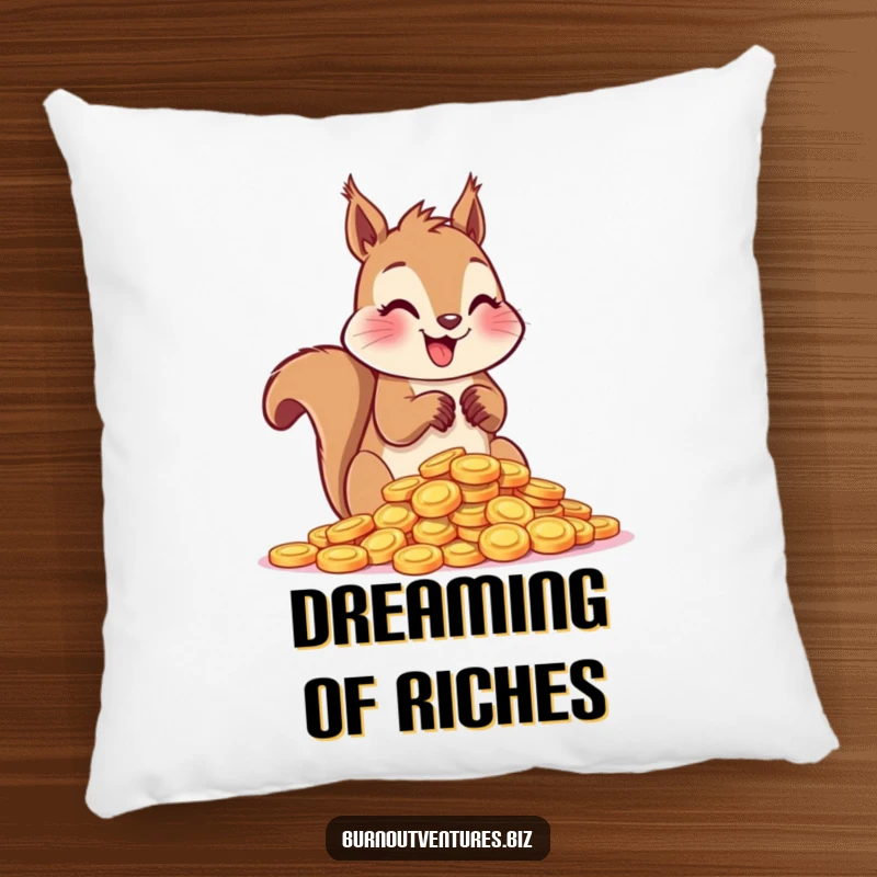 Funny squirrel joyfully counting shiny tokens with its paws, featured on a soft pillow for collectors.