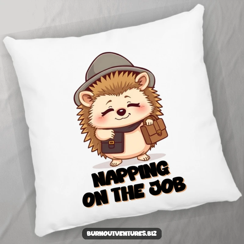 Funny hedgehog pillow showing a tired creature in a tiny hat with a briefcase, a cozy funny gift.