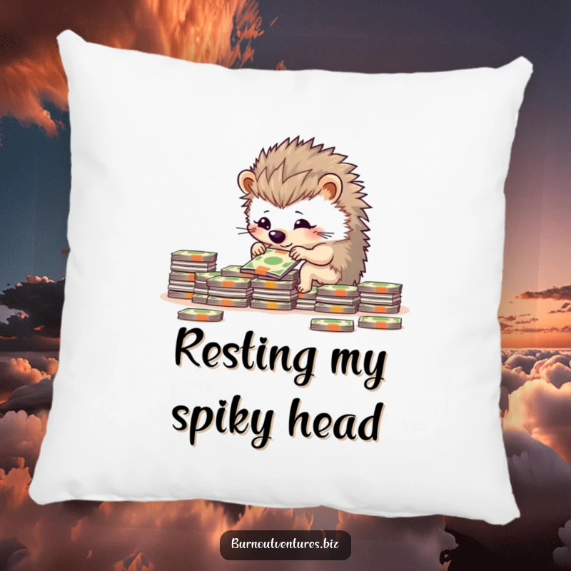 Funny determined hedgehog carefully stacking miniature bills, featured on a soft pillow for organized decor.