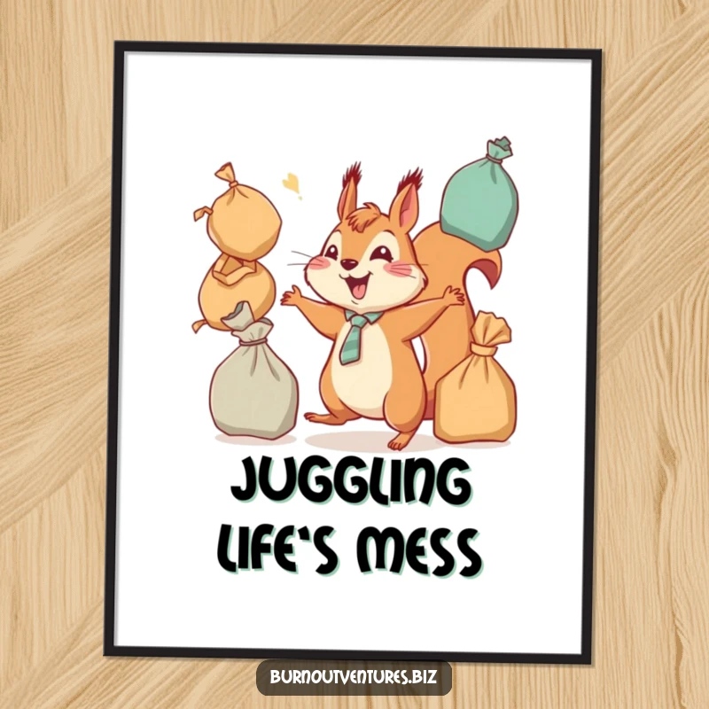 Funny squirrel in a tie, juggling overflowing bags, whimsical digital art print, excellent for instant funny gift.