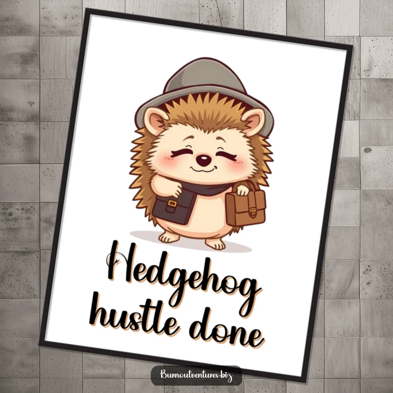 Funny hedgehog digital art print of a tired creature in a tiny hat holding a briefcase, ideal decor.