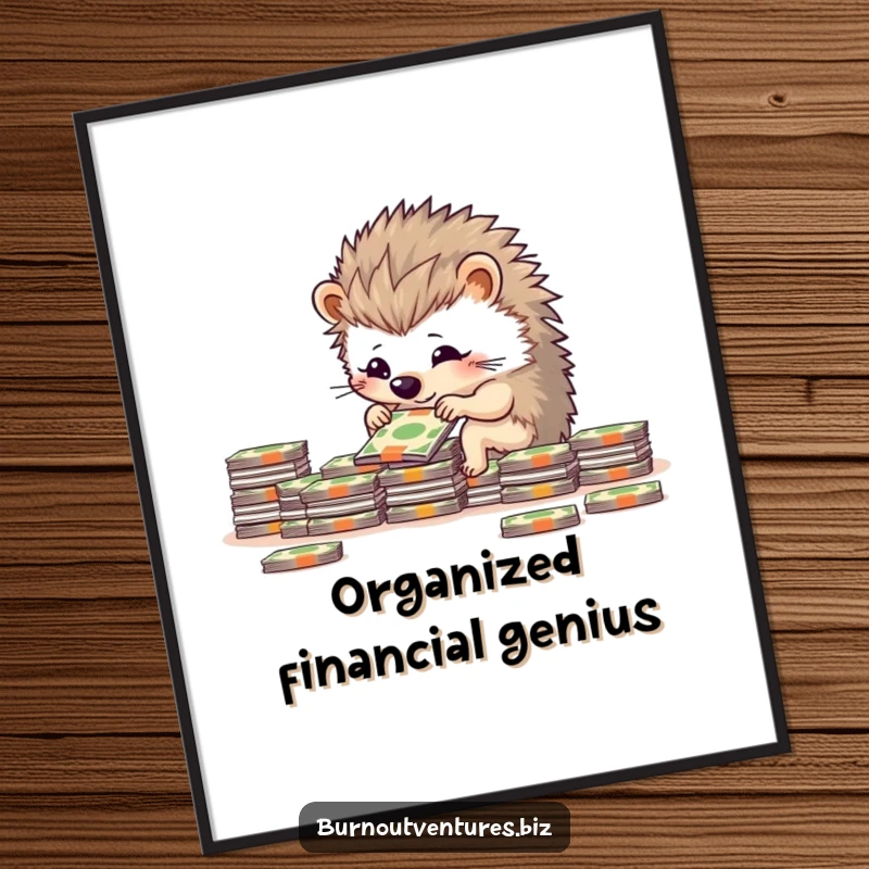 Funny determined hedgehog carefully arranging miniature bills into neat stacks, presented as digital wall art for organizers.