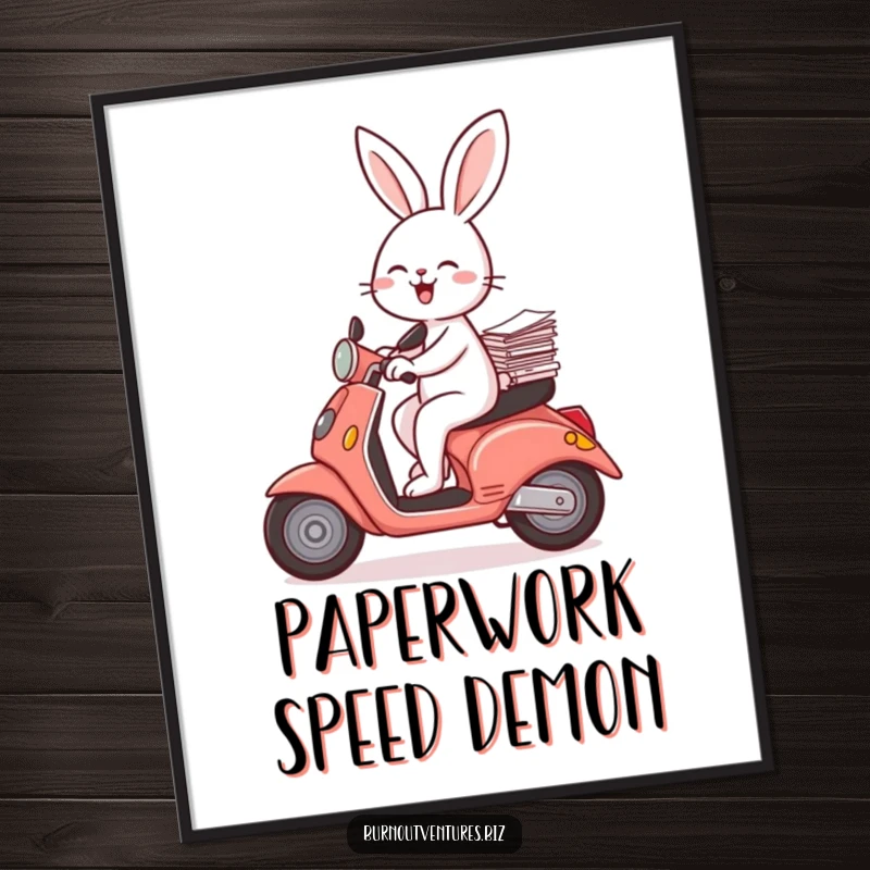 Funny joyful rabbit balancing papers while riding a scooter, whimsical digital art print, excellent funny gift.