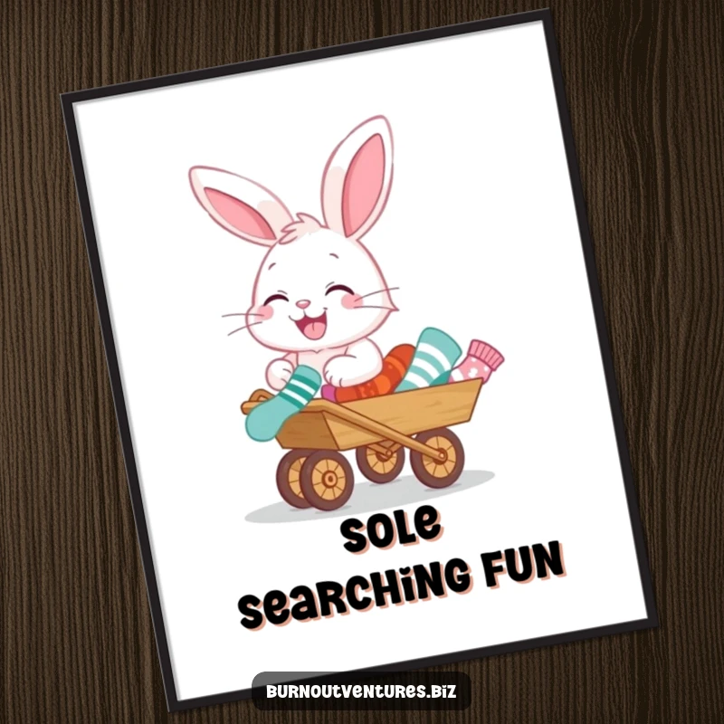 Funny digital art print of a giggling bunny pushing a tiny wheelbarrow filled with mismatched socks, printable artwork.