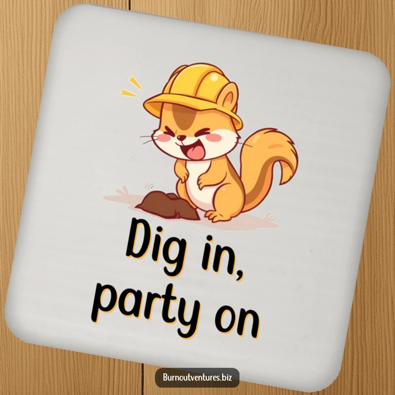 Funny squirrel coaster with a hard hat, symbolizing hard work and dedication, a neat accessory.