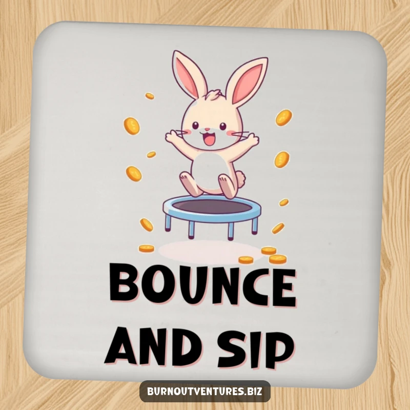 Funny Bunny Coaster: A playful bunny enthusiastically bounces on a tiny trampoline, scattering coins, a humorous and protective addition to any surface.