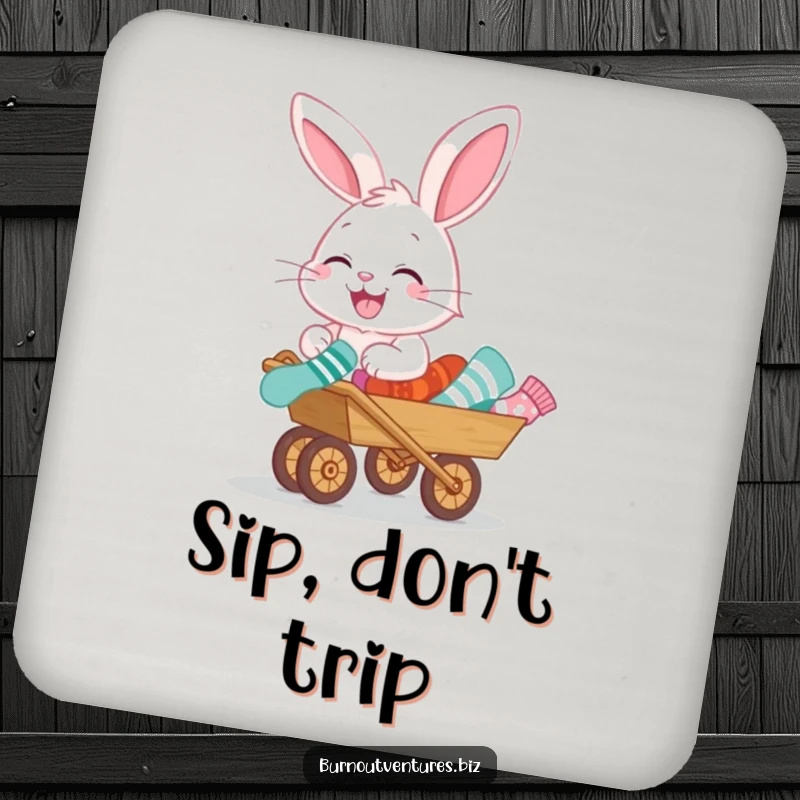 Funny drink coaster featuring a giggling bunny pushing a miniature wheelbarrow full of mismatched socks, a cute and comical protector.