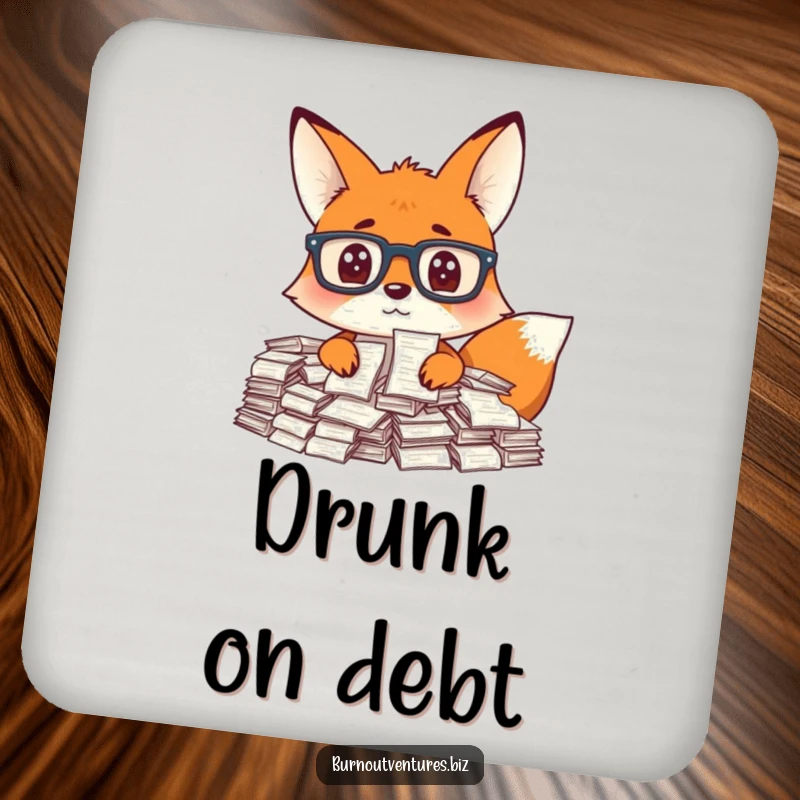 Funny fox with glasses overwhelmed by receipts, on a set of drink coasters, offering protection and humor as a funny gift.