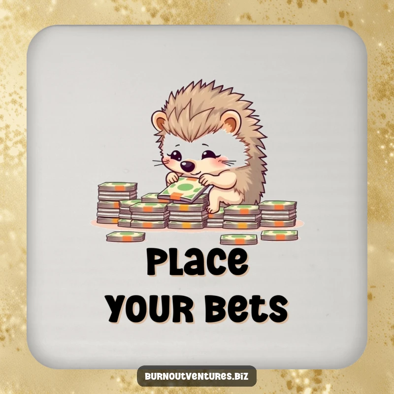 Funny determined hedgehog stacking miniature bills on a drink coaster, bringing organized humor to surfaces.