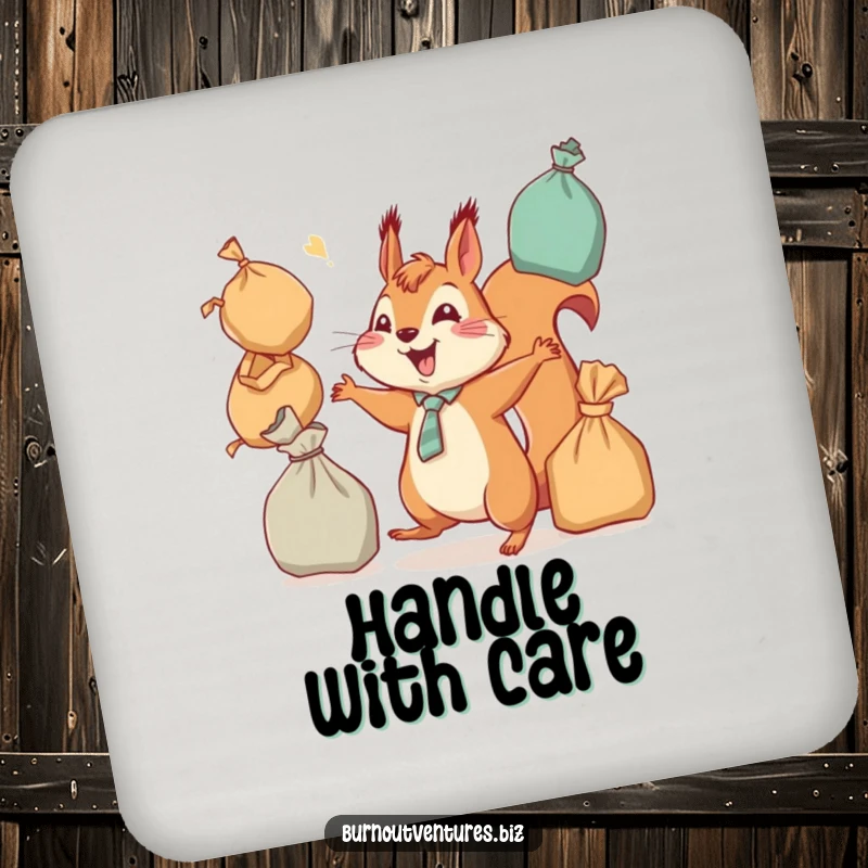 Funny squirrel with a tie, juggling bags, on a set of drink coasters, providing protection and humor as a funny gift.