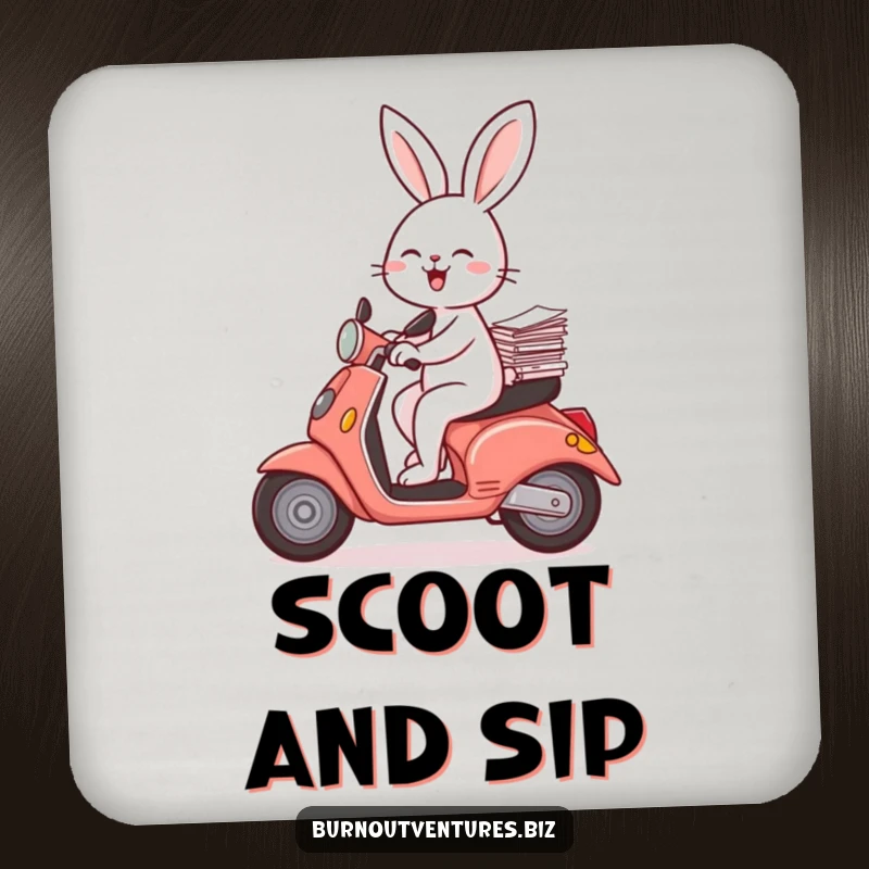 Funny rabbit riding a scooter with papers, on a set of drink coasters, offering protection and humor as a funny gift.
