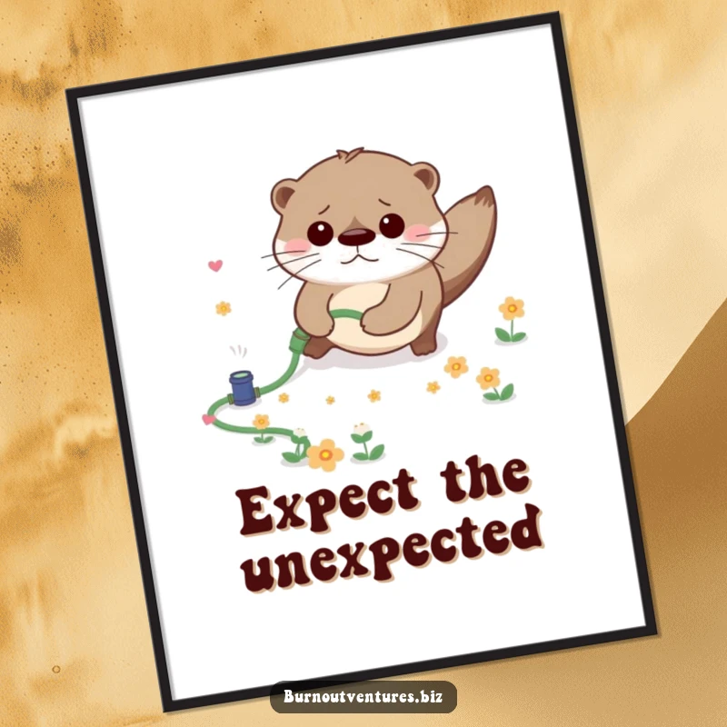 Funny poster featuring a clumsy otter tripping over a tiny garden hose, scattering miniature flowers, a humorous wildlife scene.