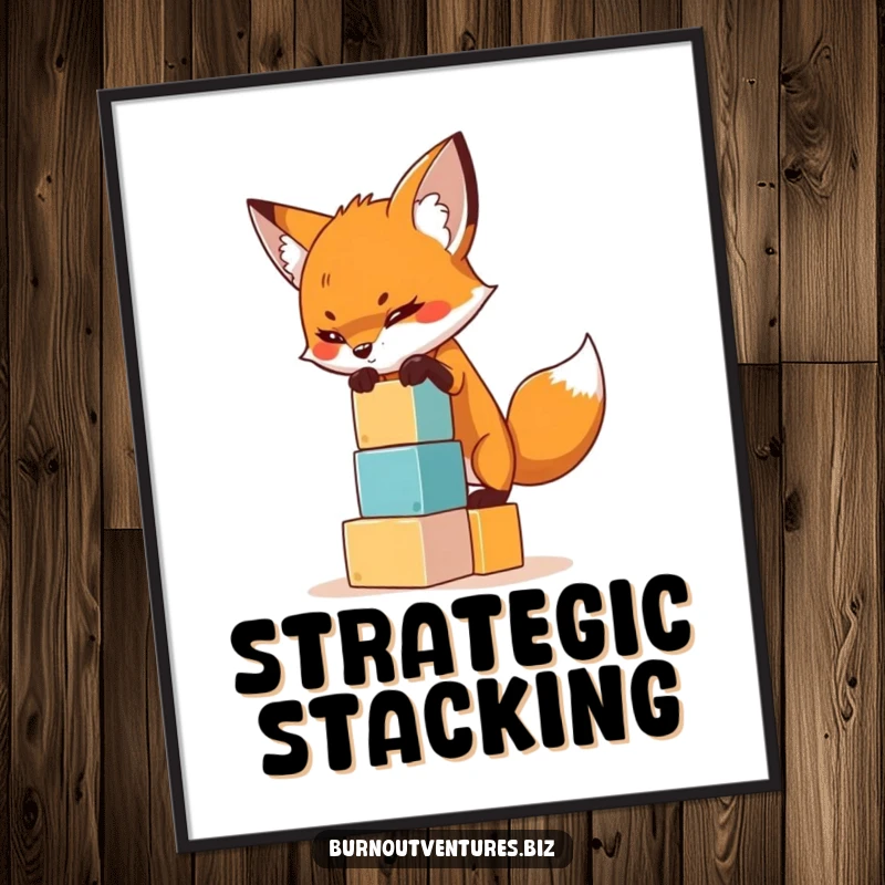 Funny poster of a determined fox balancing a tiny stack of colorful building blocks, showcasing focus and skill, humorous art.