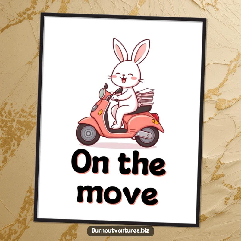Funny joyful rabbit balancing papers while riding a scooter, vivid poster art, ideal for humorous wall decor and a funny gift.