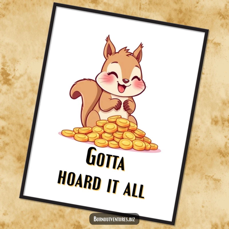 Funny squirrel enthusiastically counting a pile of shiny tokens with its paws in a charming poster design.