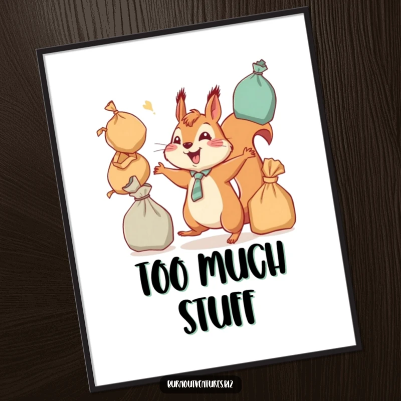 Funny squirrel in a tie, desperately juggling many overflowing bags, vivid poster art, ideal for humorous wall decor and a funny gift.
