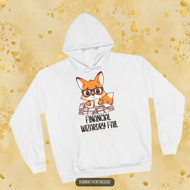 Funny fox wearing glasses peering over a huge stack of receipts, on a cozy hoodie, perfect funny gift.
