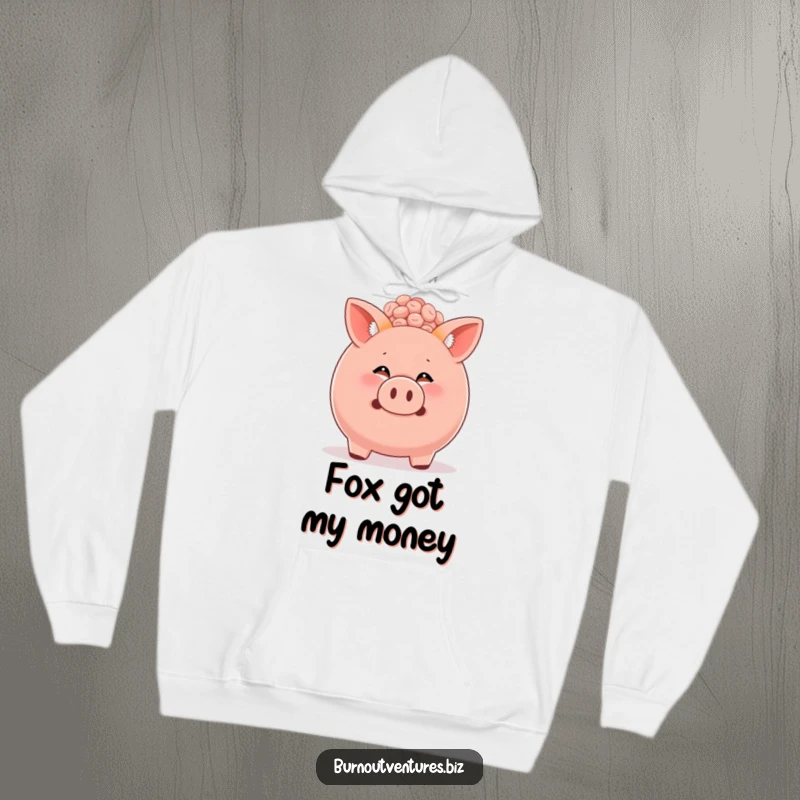 Funny fox cub peeking from a bulging piggy bank, featured on a cozy hoodie, perfect for displaying financial humor.