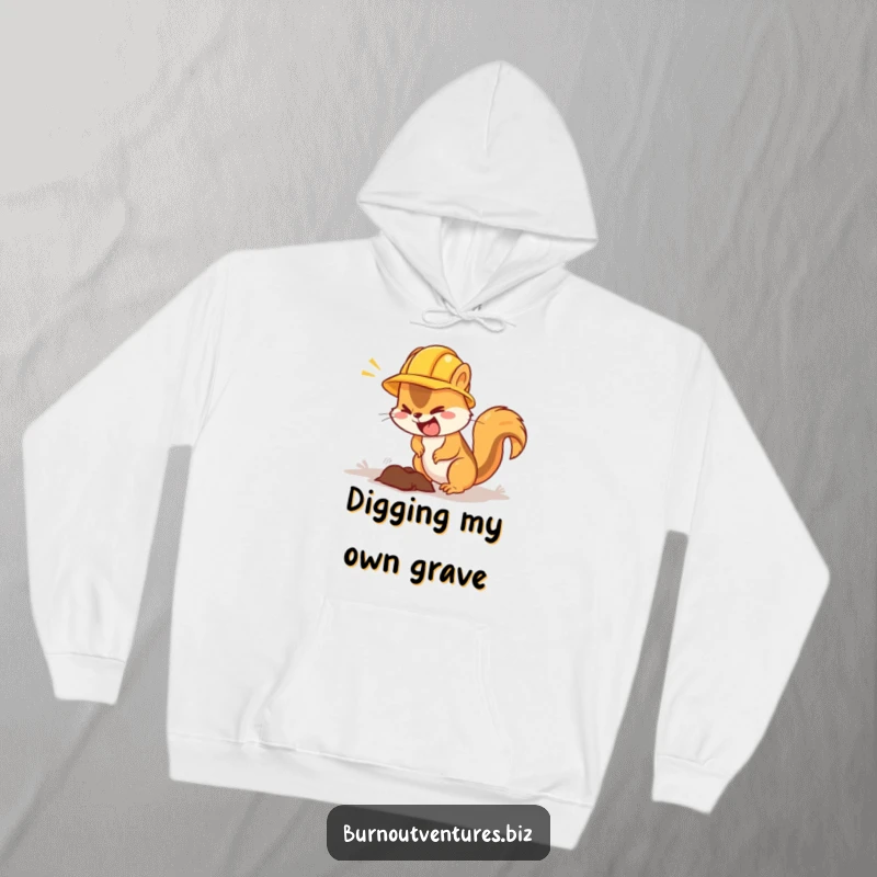 Funny squirrel hoodie with a hard hat, digging with intensity, perfect for chilly workdays.