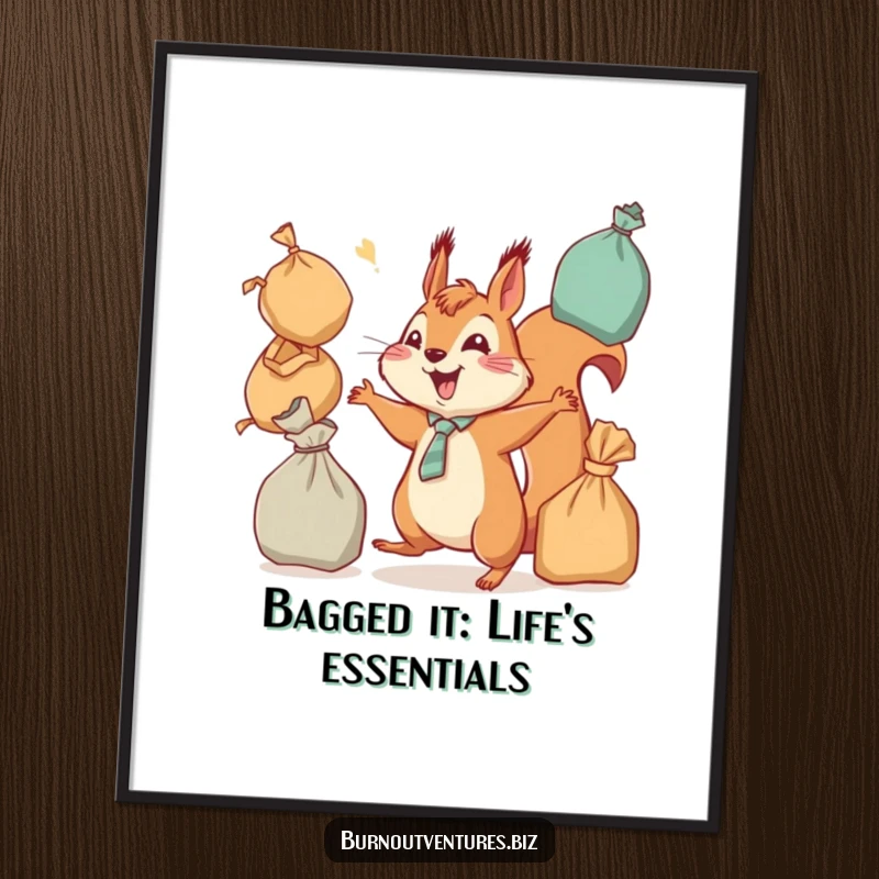 Funny Free Printable Wall Art: Cheerful squirrel wearing a tiny tie frantically juggles overflowing shopping bags with a determined look.