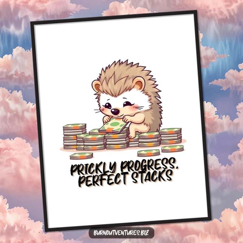 Funny Free Printable Wall Art: Determined hedgehog meticulously arranging miniature bills into neat stacks, adding quirky decor.