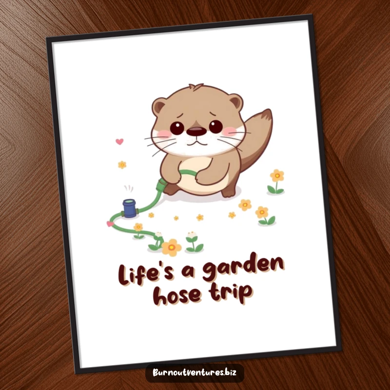 Funny Free Printable Wall Art: A worried otter trips over a tiny garden hose, scattering flowers, creating a comical scene.