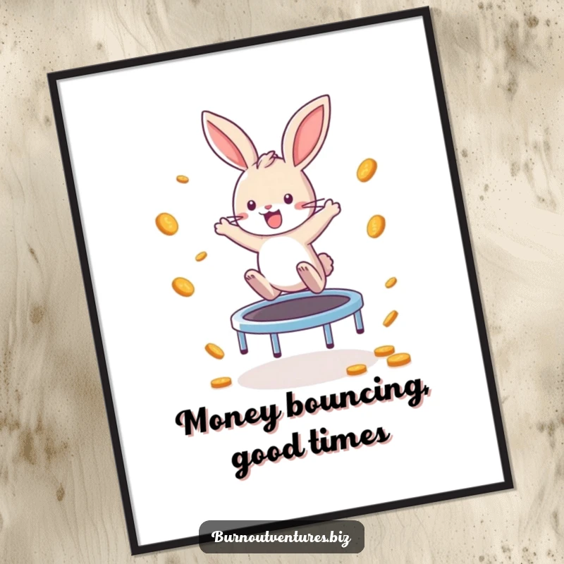 Funny Free Printable Wall Art: A gleeful bunny bounces enthusiastically on a mini trampoline, scattering coins everywhere.