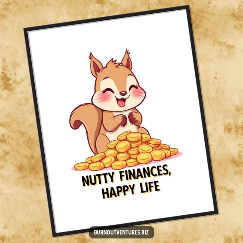 Funny Free Printable Wall Art: Happy squirrel gleefully counting a huge pile of shiny tokens, adding whimsical charm.