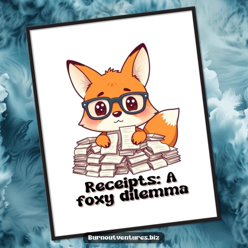 Funny Free Printable Wall Art: Curious fox in glasses looking stressed by a giant mountain of paper receipts, ideal for offices.