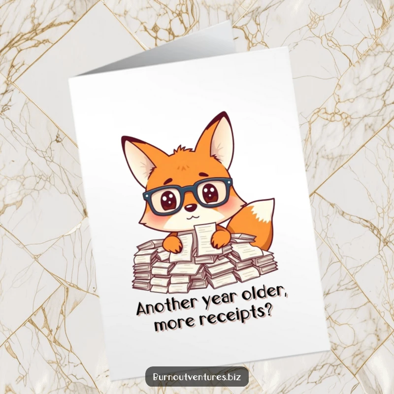 Funny Free Printable Birthday Card: Curious fox in glasses looks stressed by a huge mountain of paper receipts.