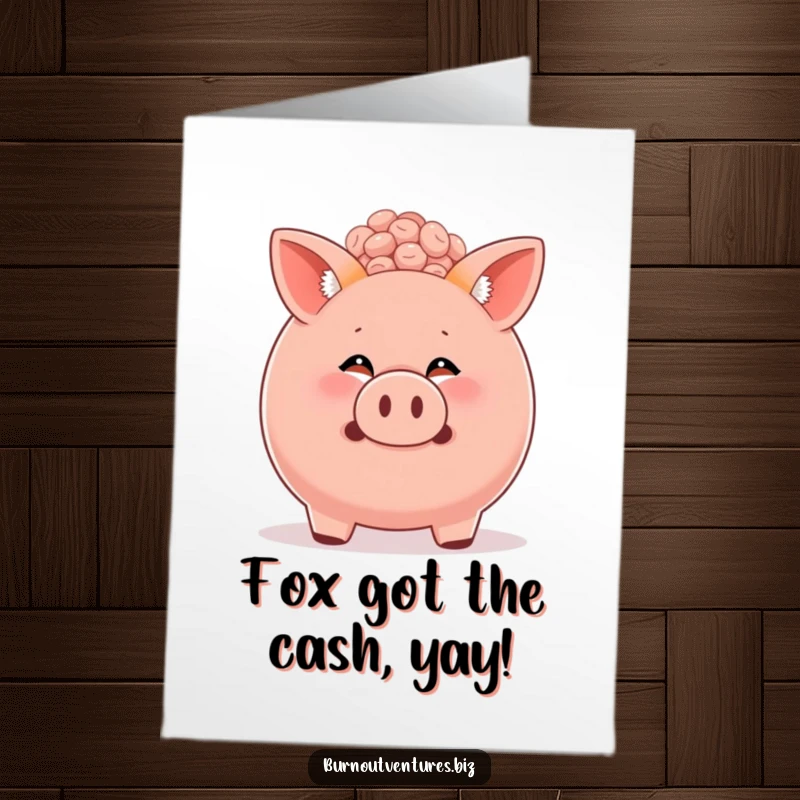 Funny Free Printable Birthday Card: Curious fox cub peeks from overflowing piggy bank, symbolizing a money-filled celebration.