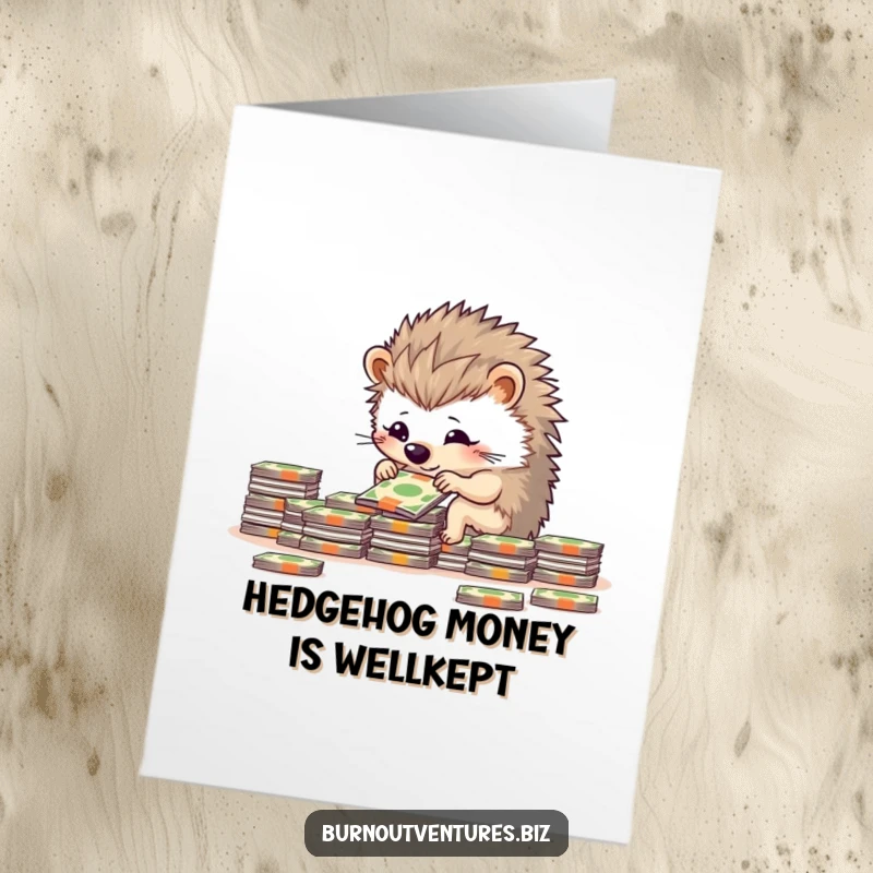 Funny Free Printable Birthday Card: Determined hedgehog meticulously stacking miniature bills into perfect neat piles for a birthday.