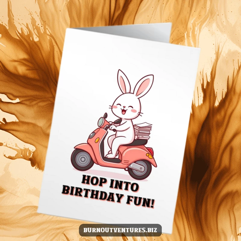 Funny Free Printable Birthday Card: Joyful rabbit wearing a helmet balances papers while riding a scooter with a happy expression.